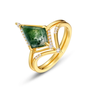 Luxurious S925 silver ring with kite-cut moss agate stone and zircon accents