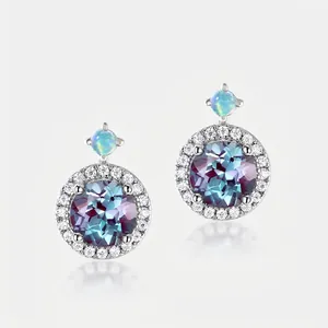 925 Sterling Silver Halo Stud Earrings For Women Luxurious Synthetic Alexandrite Color Changing Round Zirconia Opal Jewelry