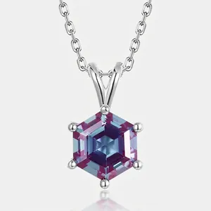 925 Sterling Silver Hexagon Synthetic Alexandrite Pendant Necklace For Women Elegant Color Changing Stone Fine Jewelry