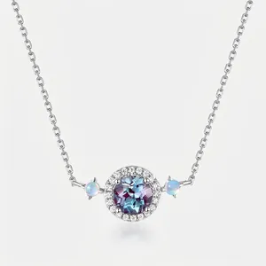 Collier Pendentif en Argent Sterling 925 Alexandrite Rond Opale Strass Bijoux Femme Pierre de Naissance de Juin Cadeau