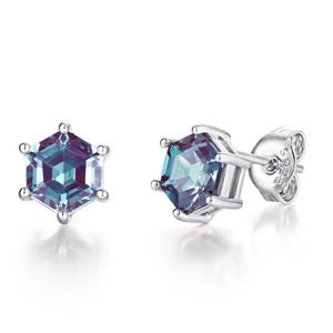 S925 sterling silver stud earrings with hexagonal cut lab-grown alexandrite gemstones