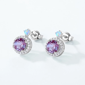 Elegant S925 silver alexandrite halo stud earrings with purple stone and opal accent