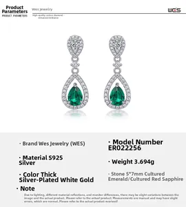 Detail view of S925 silver pear-shaped emerald drop earrings with diamond halo