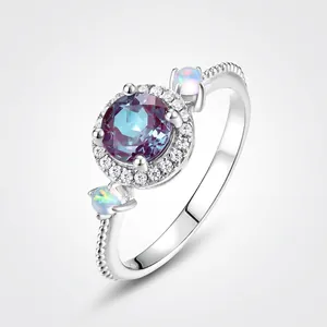Luxury 925 Sterling Silver Alexandrite Ring With Opal And Rhinestone Round Geometric Fashion Jewelry Finger Ring For Women Gift