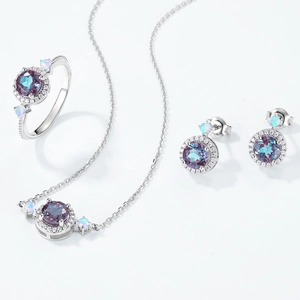 Luxurious S925 silver Alexandrite jewelry set with necklace, earrings and ring on white