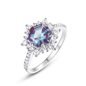 Hexagon cut color-changing alexandrite ring in S925 silver with halo pave setting