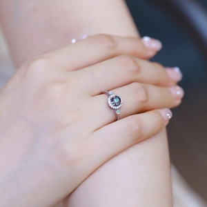 S925 sterling silver alexandrite ring with halo diamonds and opal side stones