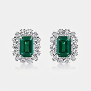 Boucles d'Oreilles Clous en Argent Sterling S925 Émeraude de Laboratoire Boucles d'Oreilles Géométriques de Luxe avec Strass Femme