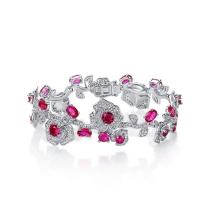 Luxury S925 silver flower bracelet with ruby gemstones and white cubic zirconia accents