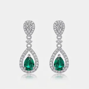 Elegant 925 Sterling Silver Lab Grown Emerald Teardrop Earrings For Women Luxury Pear Cut Zirconia Halo Dangle Earrings Jewelry