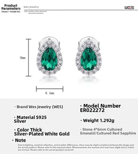 Detailed size chart of S925 silver pear cut emerald stud earrings with measurements
