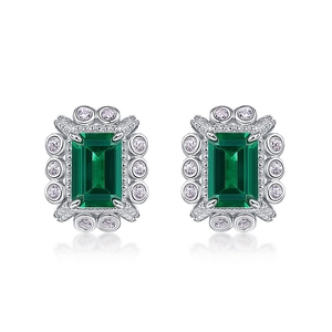 Boucles d'oreilles vintage en argent S925 avec émeraude et halo de diamants