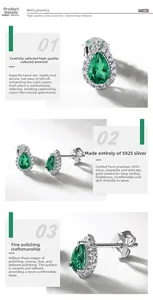 Macro detail of pear-cut lab emerald halo earrings with S925 silver stamp and fine polish