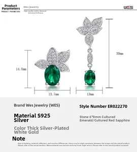 Detailed size specifications for asymmetric S925 silver earrings with lab-grown emeralds