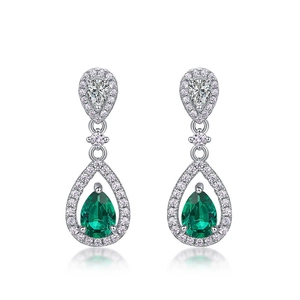Luxurious S925 silver pear-cut emerald drop earrings with sparkling white zircon halo