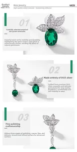 Macro detail of S925 silver earring with emerald stones and fine leaf craftsmanship