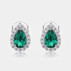 925 Sterling Silver Pear Shaped Lab Grown Emerald Stud Earrings Halo Zirconia Water Drop Earrings For Women Fashion Jewelry