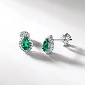 Pear cut emerald stud earrings with halo diamonds in S925 sterling silver settings