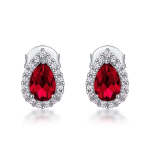 Elegant 925 silver pear-cut red ruby stud earrings with halo diamond setting