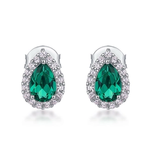 Classic teardrop-shaped emerald green earrings with halo diamonds in S925 silver
