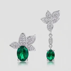 925 Sterling Silver Asymmetric Stud Earrings With Synthetic Emerald Leaf Design Elegant Rhinestone Earrings For Women