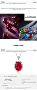 Macro detail of 10x14mm oval red ruby pendant with sparkling zircon halo and S925 silver chain