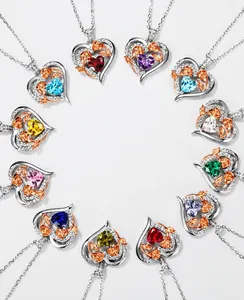 Showcase of twelve colorful heart-shaped birthstone necklaces in S925 sterling silver