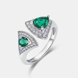 Vintage 925 Sterling Silver Lab-Grown Emerald Adjustable Open Ring For Women Fan-Shaped Geometric Rhinestone Gemstone Ring Jewelry