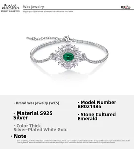 Detailed macro view of S925 silver bracelet with lab-grown emerald and carbon diamonds