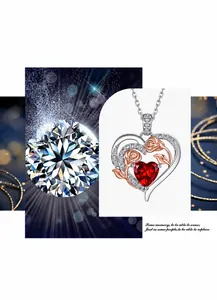 Detailed view of heart-shaped S925 silver pendant with rose flowers and red gemstone