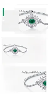 Detail of S925 silver bracelet featuring emerald gemstone and high carbon diamond halo