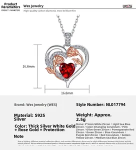 Macro detail of S925 silver heart necklace with rose gold flowers and gemstone