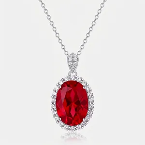 925 Sterling Silver Lab-Grown Ruby Pendant Necklace Oval Cut Red Gemstone Halo Zirconia Inlaid Elegant Women Jewelry
