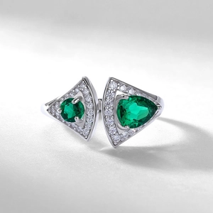 S925 silver fan-shaped open ring with triangle emerald gems and zircon accents