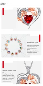 Macro detail of S925 silver heart necklace with rose design and colorful gemstones