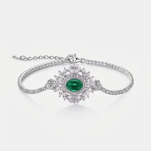 925 Sterling Silver Lab Grown Emerald Bracelet Vintage Luxurious Cubic Zirconia Inlaid Adjustable Jewelry For Women