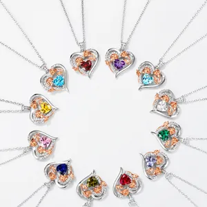 925 Sterling Silver Heart Rose Birthstone Pendant For Women Zirconia Flower Romantic Jewelry Accessory Without Chain
