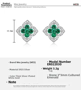 Detail of S925 sterling silver flower earrings with 3mm lab-grown emerald stones