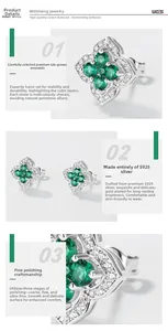 Detailed close-up of S925 silver clover studs with vivid lab-grown emerald gemstones