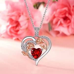 S925 silver heart necklace with red gemstone and rose gold flower pendant for women