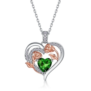 S925 silver heart necklace with rose flowers and heart-cut green gemstone on white background