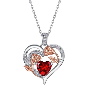 S925 sterling silver heart necklace with red gemstone and rose gold flower pendant