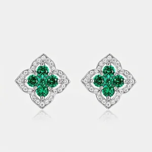 925 Sterling Silver Four Leaf Clover Stud Earrings Women Lab Grown Emerald Ruby Zirconia Vintage Luxurious Elegant Jewelry