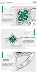 Macro de la bague trèfle en argent S925 sertie d'émeraudes vertes de laboratoire