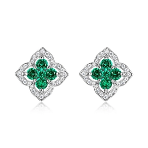 S925 silver four-leaf clover earrings with lab-grown emeralds and white diamonds