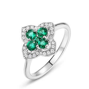 Bague trèfle en argent S925 sertie d'émeraudes vertes et d'oxydes de zirconium brillants