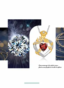 Detail of S925 silver heart necklace with red gem and gold rose pendant with small diamonds