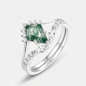 925 Sterling Silver Kite Cut Moss Agate Stackable Ring Main Ring and Guard V Shape Zirconia Pave Band Vintage Jewelry For Women