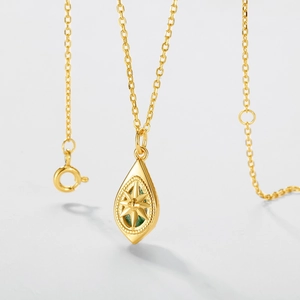 S925 silver gold necklace with vintage water drop pendant and green moss agate star