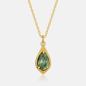 S925 silver gold necklace with moss agate waterdrop pendant in center view